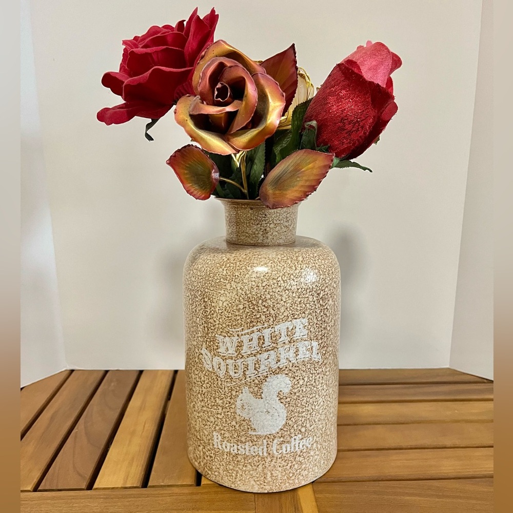 Coffee Canister Rustic Farmhouse Jug Metal White Squirrel Brown 9” Conversation